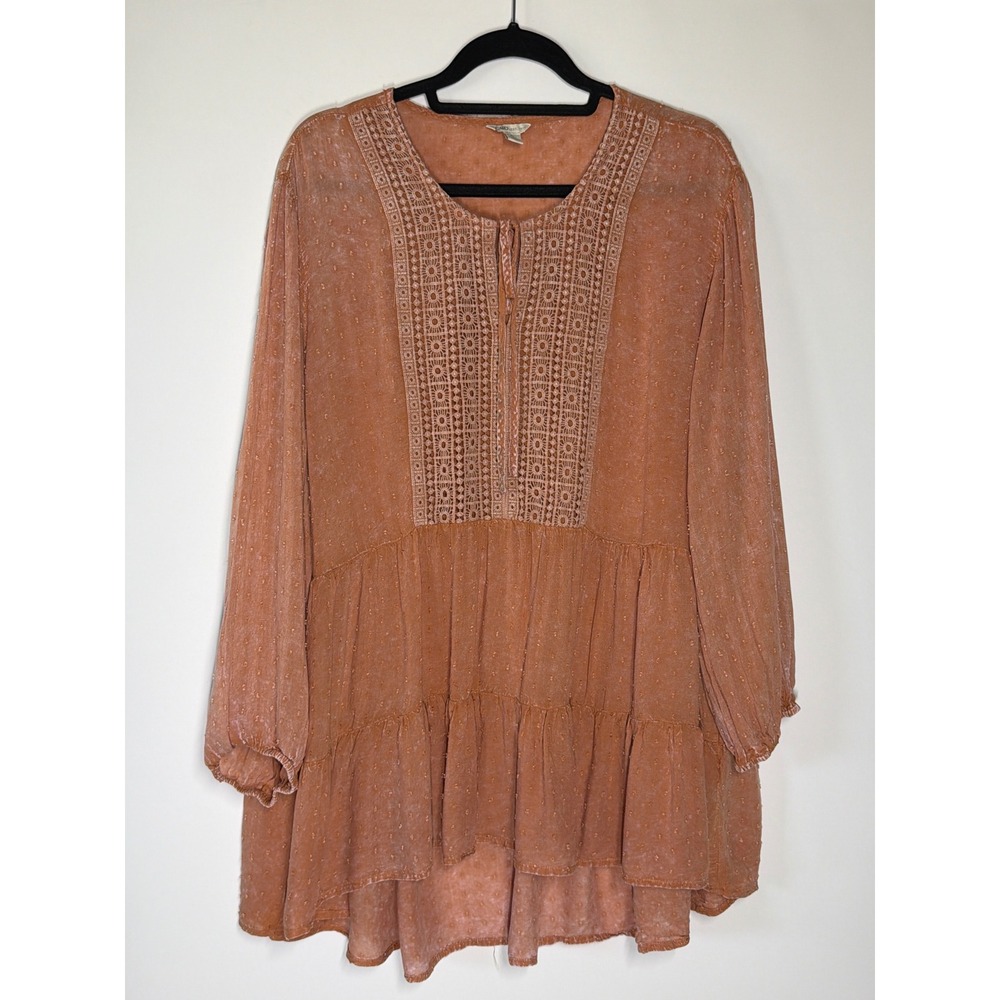 Cato XL Terracotta Boho Crochet Lace Trim Swiss Dot Tiered Ruffle Tunic Top - Picture 2 of 10